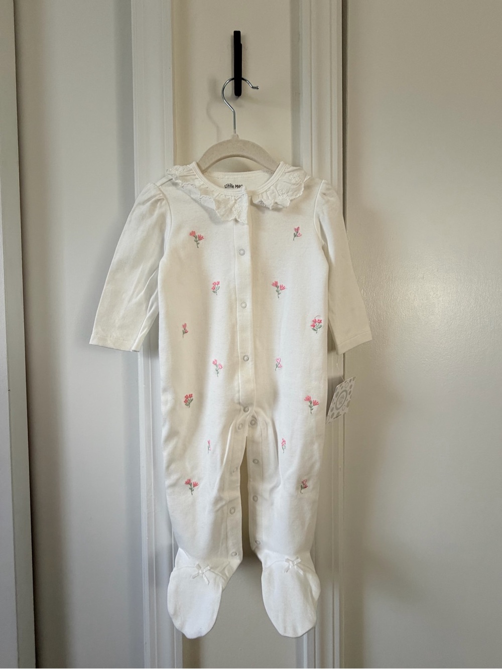 Little Me White Footed One-Piece with Pink Floral Embroidery